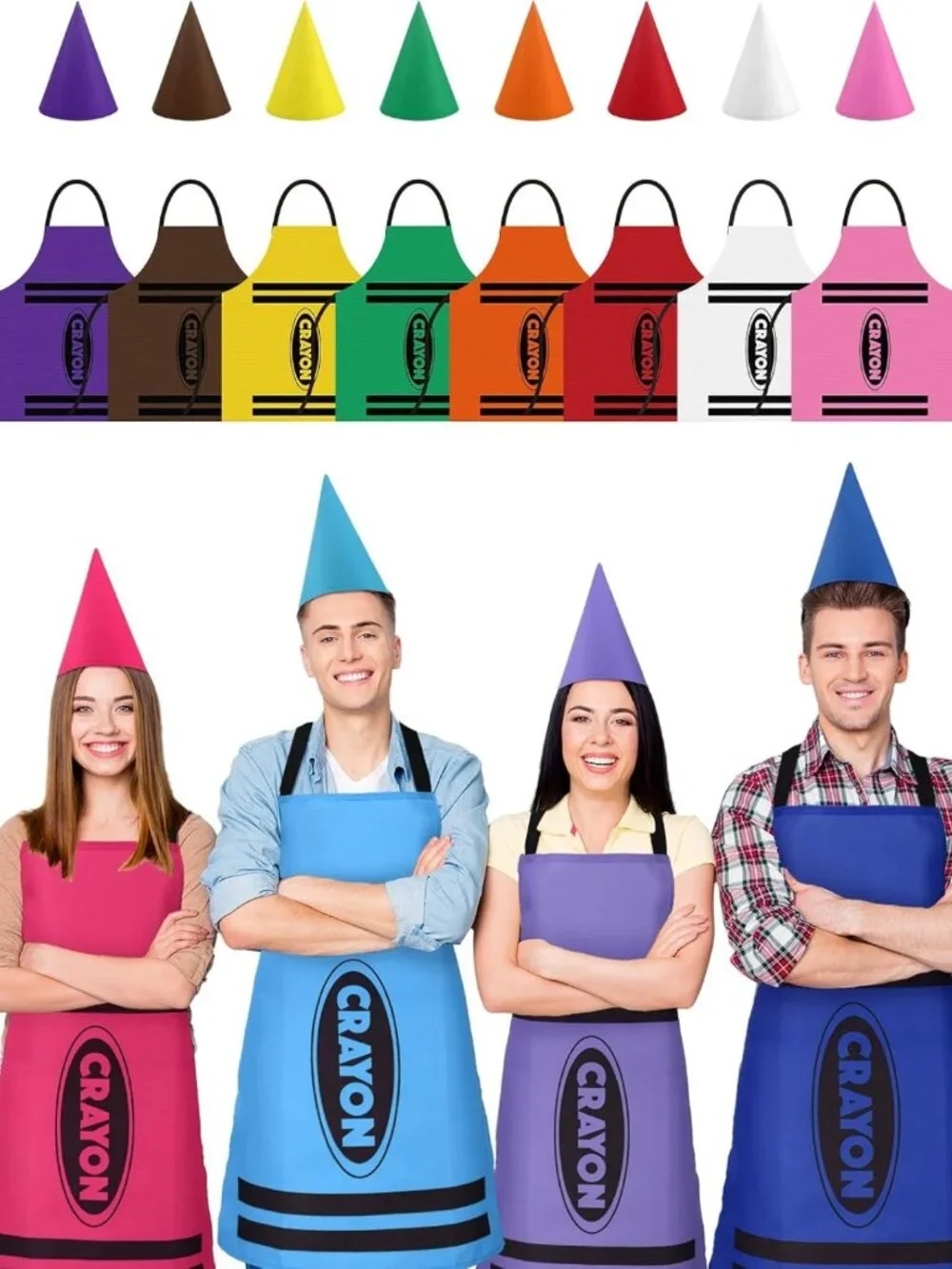 Colorful Crayon Costume for Adults - Fun Halloween Apron, Cone Hat & Dress